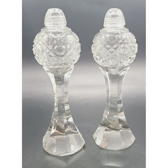 Bohemian Cut Crystal Salt & Pepper Shakers Tall Footed MCM Vintage - Picture 1 of 9